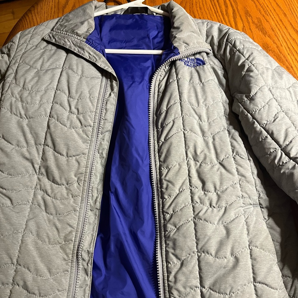Gray North Face purple lined thin ski jacket